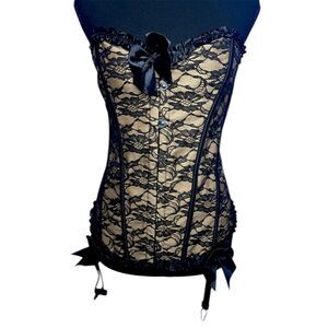 Womens Sz L Lace Corset Bow Ren Faire Valentines Lingerie Sexy Ruffle Boudoir